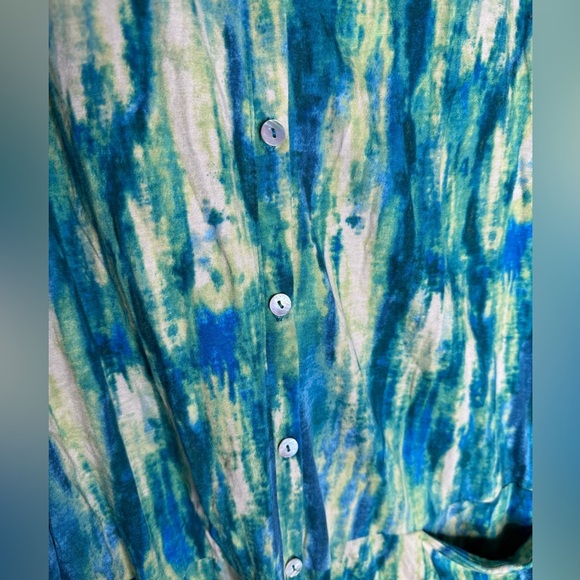LOGO LORI GOLDSTEIN Blue Green Watercolor Mother Of Pearl Button Up Cardigan 1X - Picture 5 of 5